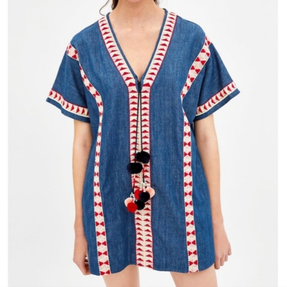 Zara Denim Embroidered Pom Pom Mini Dress Xs